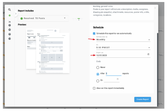 Now available: The ability to schedule automated reports to be sent on a specific date every month. This update is intended to make it easier for users to schedule automated reports at a preferred cadence.