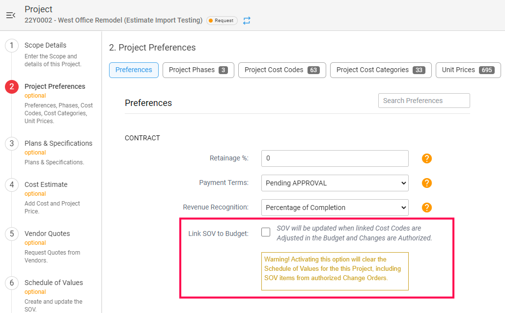 Link SOV to Budget warning message for In Progress projects